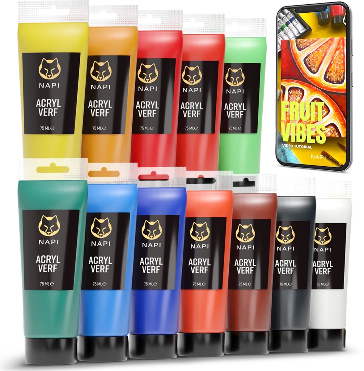Napi Acrylverf 12x75 ML - Grote Flessen - Inclusief Kleurencirkel - Voordeel Set - Hobbyverf - Schilderen Acryl Verf - 12 Kleuren