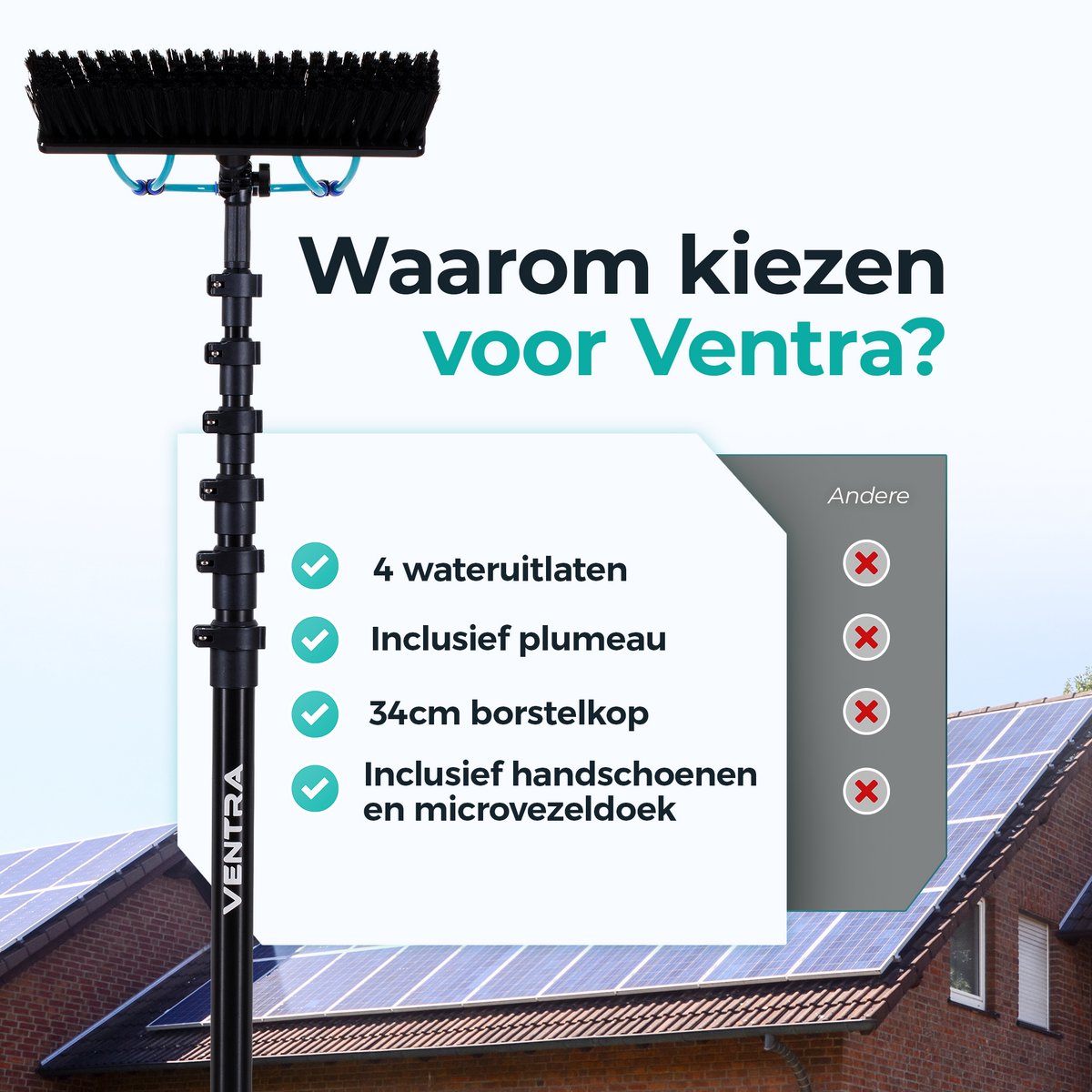 Ventra Telescopische Wasborstel 4,8m Qy-fab-5460 - 4 Wateruitlaten – Raamtrekker & Plumeau – Rvs