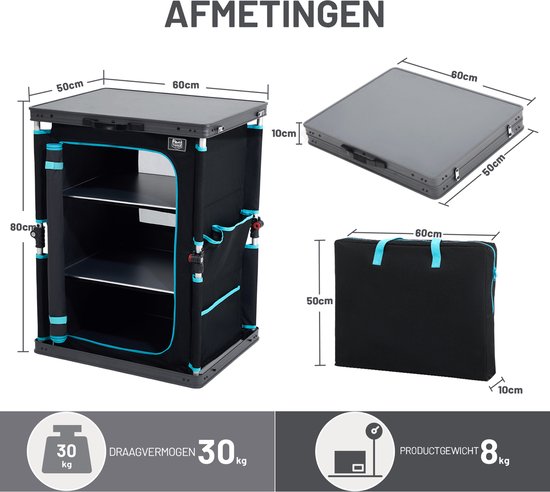 TIMBER RIDGE Campingkeuken - Campingkast - Opvouwbaar & Multifunctioneel - 3-lagen opbergkast - 30KG draagvermogen - 50×60×80cm - Zwart — afbeelding 4