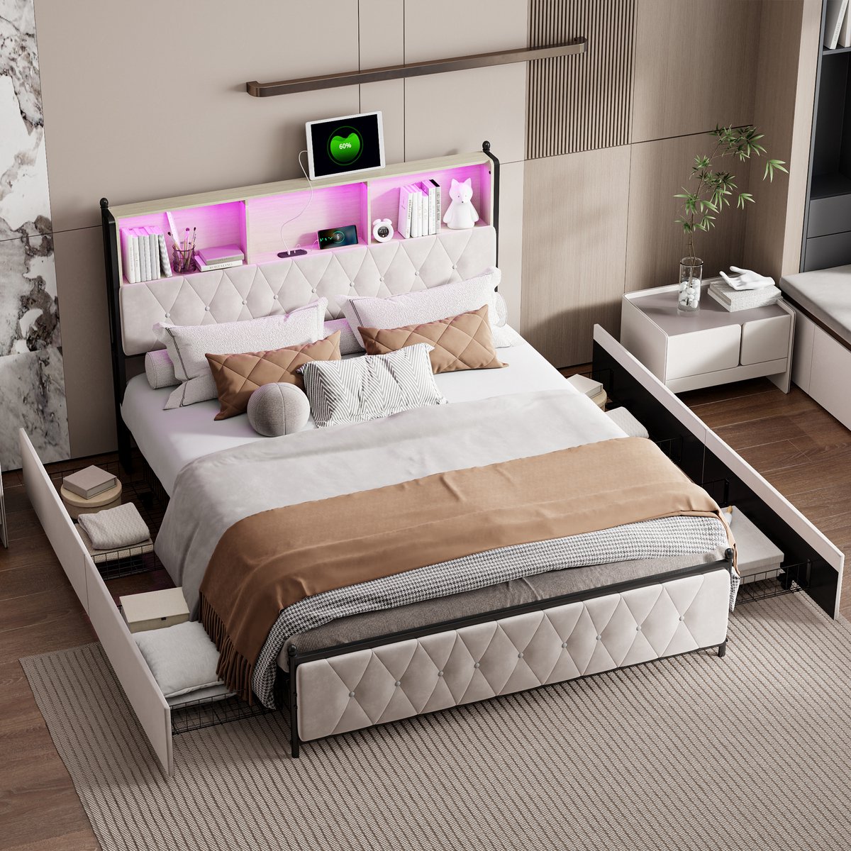 Opbergbed 160x200 cm beige fluweel met LED-verlichting, USB & Type-C oplaadpunten, 4 lades en hoofdbord met opbergruimte