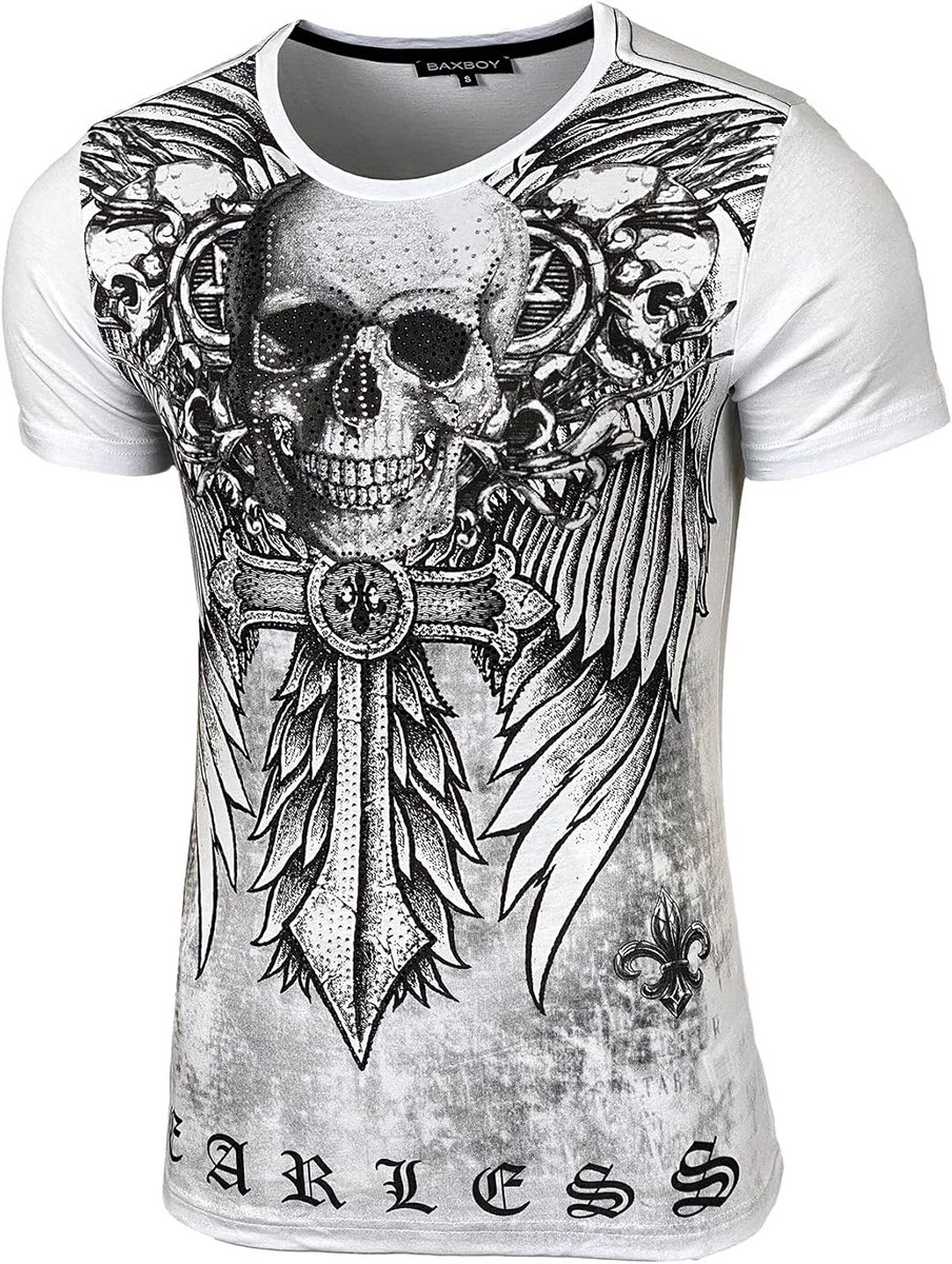 Heren T-Shirt met Vintage Schedelprint en Steentjes - Slim Fit Korte Mouwen