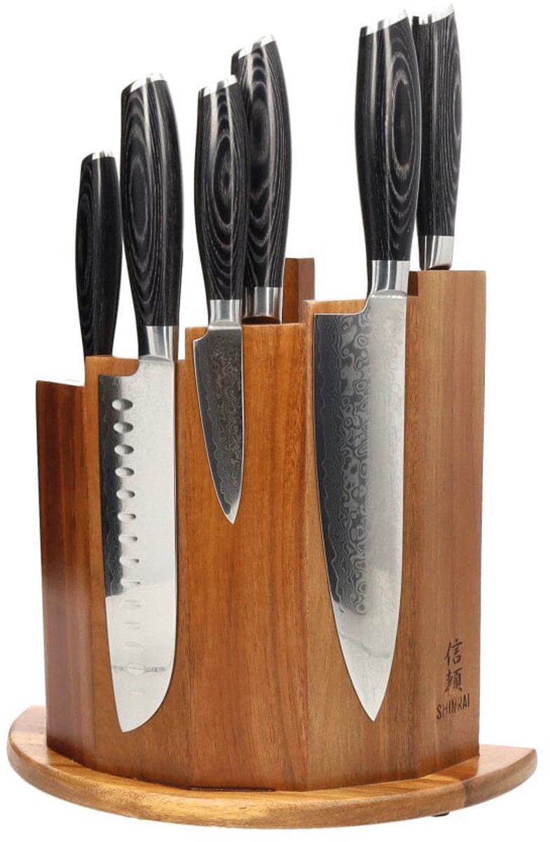 Shinrai Knives - Damast Pakka Wood 6-delige Messenset + Magnetisch Messenblok Scalae - Acacia hout - Vleesmes - Hakmes