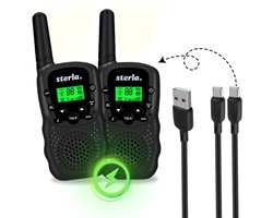 Set talkie-walkie pour Enfants - Rechargeable USB-C - Portée jusqu'à 5 km - Lampe de poche - Résistant aux chutes - Compact et léger - Zwart