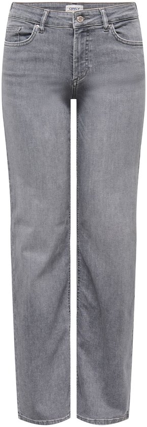 Rechte grijze damesjeans met vijf zakken, van voren.