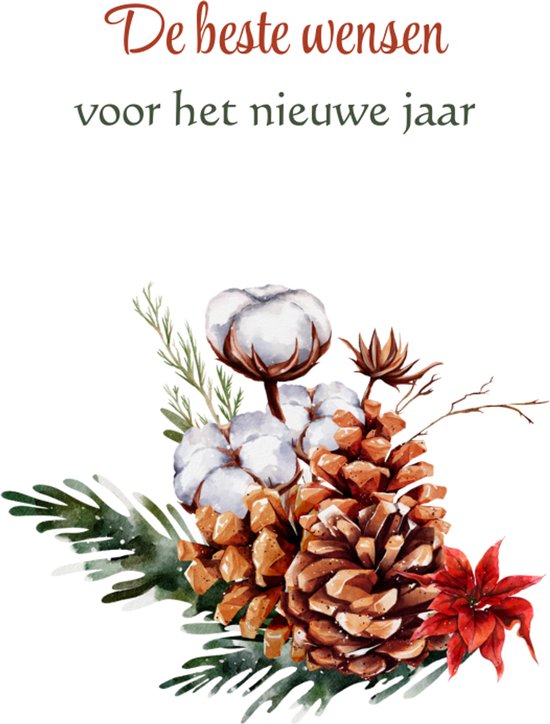Nieuwjaarskaart – De beste wensen voor het nieuwe jaar – Enkele wenskaart met aquarel dennengroen en dennenappels – Origineel ontwerp – Stevig 400 grams papier – Inclusief kraft envelop – FSC
