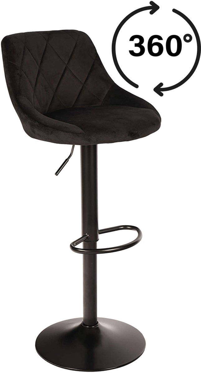 AZ Home - Barkruk Roma Zwart - Set van 2 - Velvet Zwart, Rugleuning, Modern Design, Hoogte Verstelbaar, 360° Draaibaar, Max. 120 kg