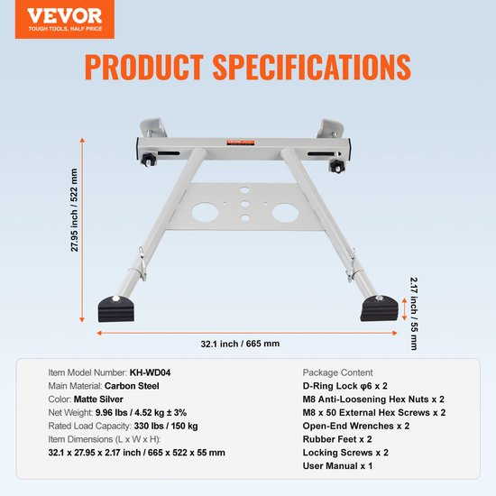 Productspecificaties van de VEVOR ladder stabilisator: 815x710x55mm, mat zilver, carbon staal, max. belasting 150 kg.