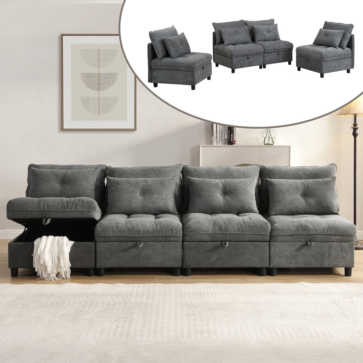 Sweiko Modulaire bank - 4-zits - Vrije combinatie - 4 kussens - Opbergruimte - Chenille - Grijs