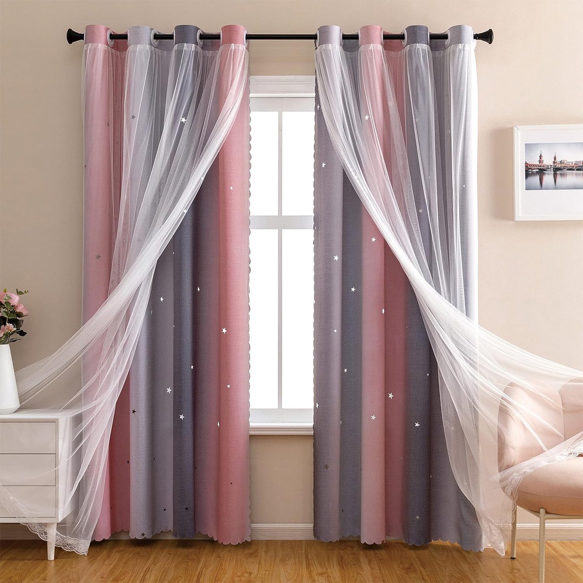 HAUSS SPOLE Verduisterende Gordijnen – Dubbel Laag Design Met Voile Voor Privacy En UV-Bescherming – Voor Woonkamer Of Slaapkamer – 132x214cm – Polyester – Grijsroze