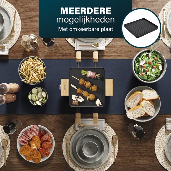 Princess Gourmetstel 162950 - Raclette Pure 4 personen - Grill & Bakplaat - Inclusief 4 pannetjes - Regelbare thermostaat - 800W - 2 meter snoer - Anti-aanbaklaag - Bamboe — afbeelding 2