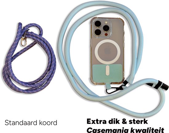 Paars telefoonkoord en lichtblauw dik koord met glitter, om telefoon.