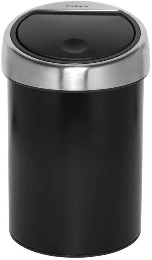 Zwarte Brabantia prullenbak met mat stalen deksel en open klep.