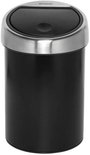 Zwarte Brabantia prullenbak met mat stalen deksel en open klep.