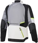 Achterkant van een Alpinestars motorjas met grijze, lichte grijze en zwarte panelen, fluo-gele accenten.