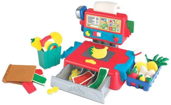 Rode en blauwe speelgoedkassa met lach- en groentevormen, muntjes, Play-Doh geld en mandjes met eten.