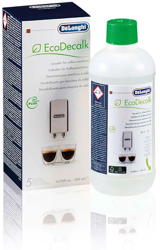 Pak en fles De'Longhi EcoDecalk ontkalker met twee espresso's.