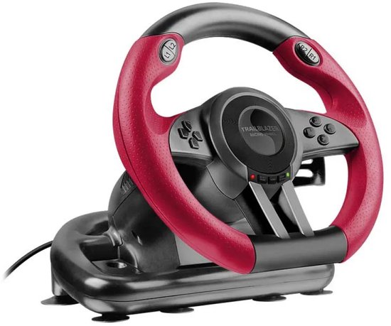 Zwart race stuur met rode grip.