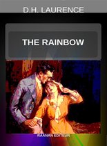 Boekomslag van 'The Rainbow' van D.H. Laurence, met een schilderij van een man en vrouw die elkaar omhelzen.