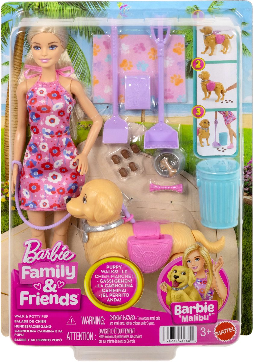 Barbie Malibu Wandelpuppy speelgoedset - Pop en hond die kan poepen en accessoires — afbeelding 6