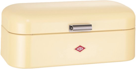 Boîte à pain métallique de couleur crème avec poignée argentée et logo WESCO rouge sur fond blanc.