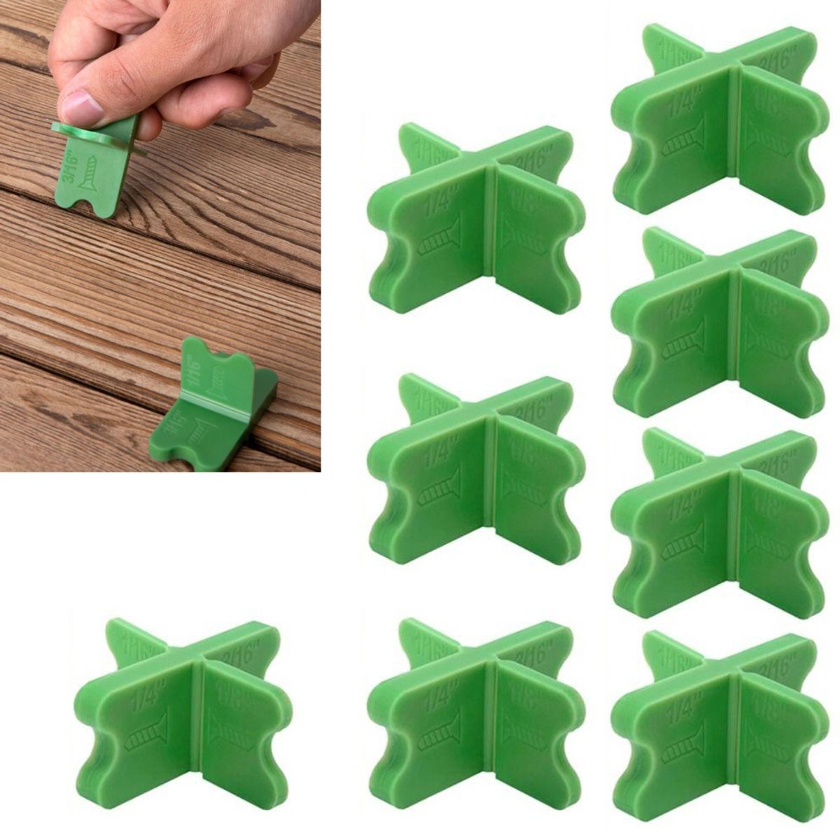 8 stuks ABS-dekafstandhouders - voor Vlonders - Vlonderbevestiging - 4 diktes voor dekplanken - 1/16 inch - 1/8 inch - 3/16 inch - 1/4 inch - Groene dekafstandhouders