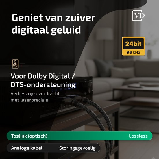 Geniet van puur digitaal geluid met deze Toslink optische kabel, geschikt voor Dolby Digital/DTS met 24bit/96kHz.