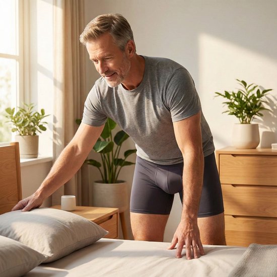 Grijze boxer gedragen door een oudere man, die in een slaapkamer het bed opmaakt.
