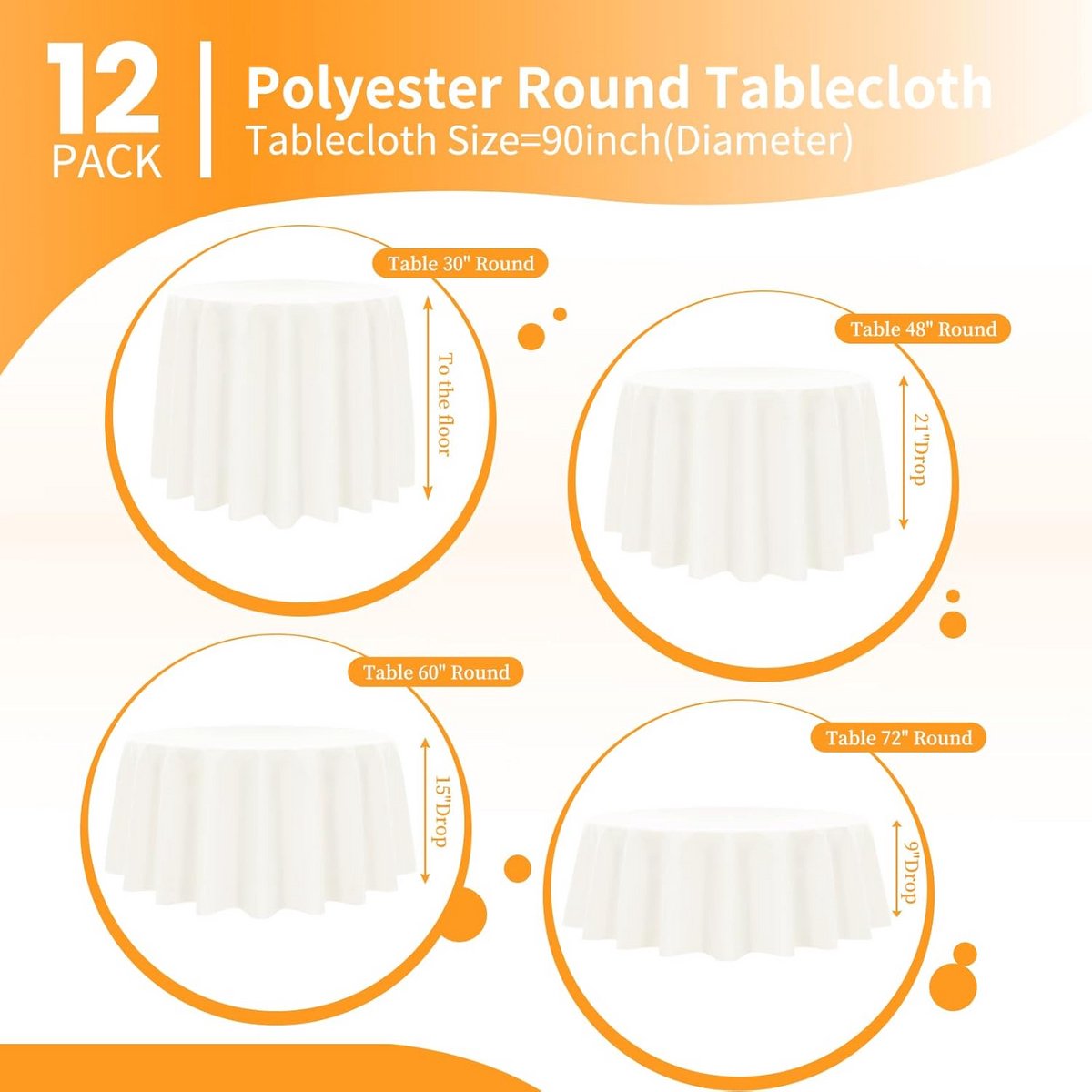 Set van 12 Ronde Tafellakens Ivory 225 cm Polyester Wasbaar voor Feest of Diner