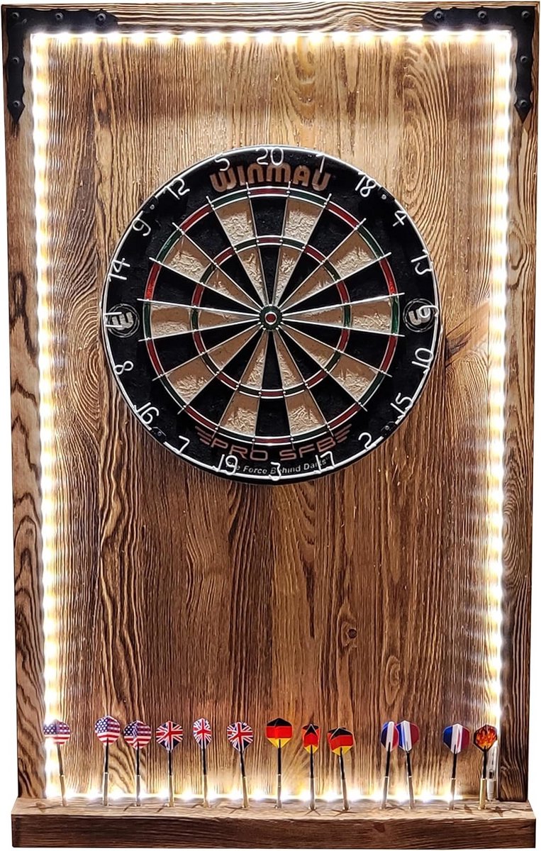 Dartbord met Omlijsting van Massief Hout en LED Verlichting - Wandbescherming