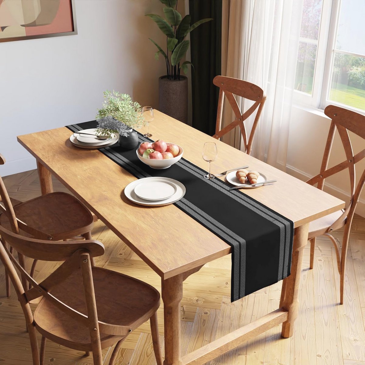 Tafelloper Katoen Geribbeld 32x183cm - Ladder Black - Machinewasbaar