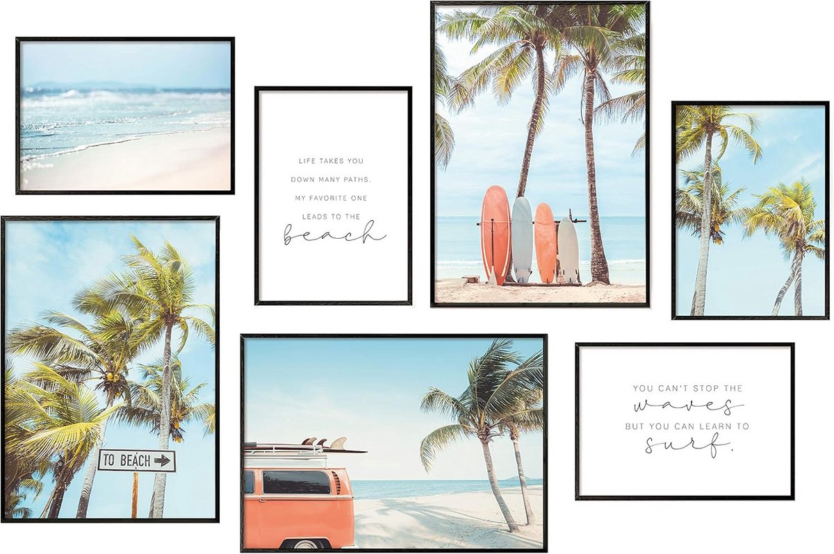 7 Delige Poster Set voor Wanddecoratie, Surfing Collage met Zwarte Lijsten