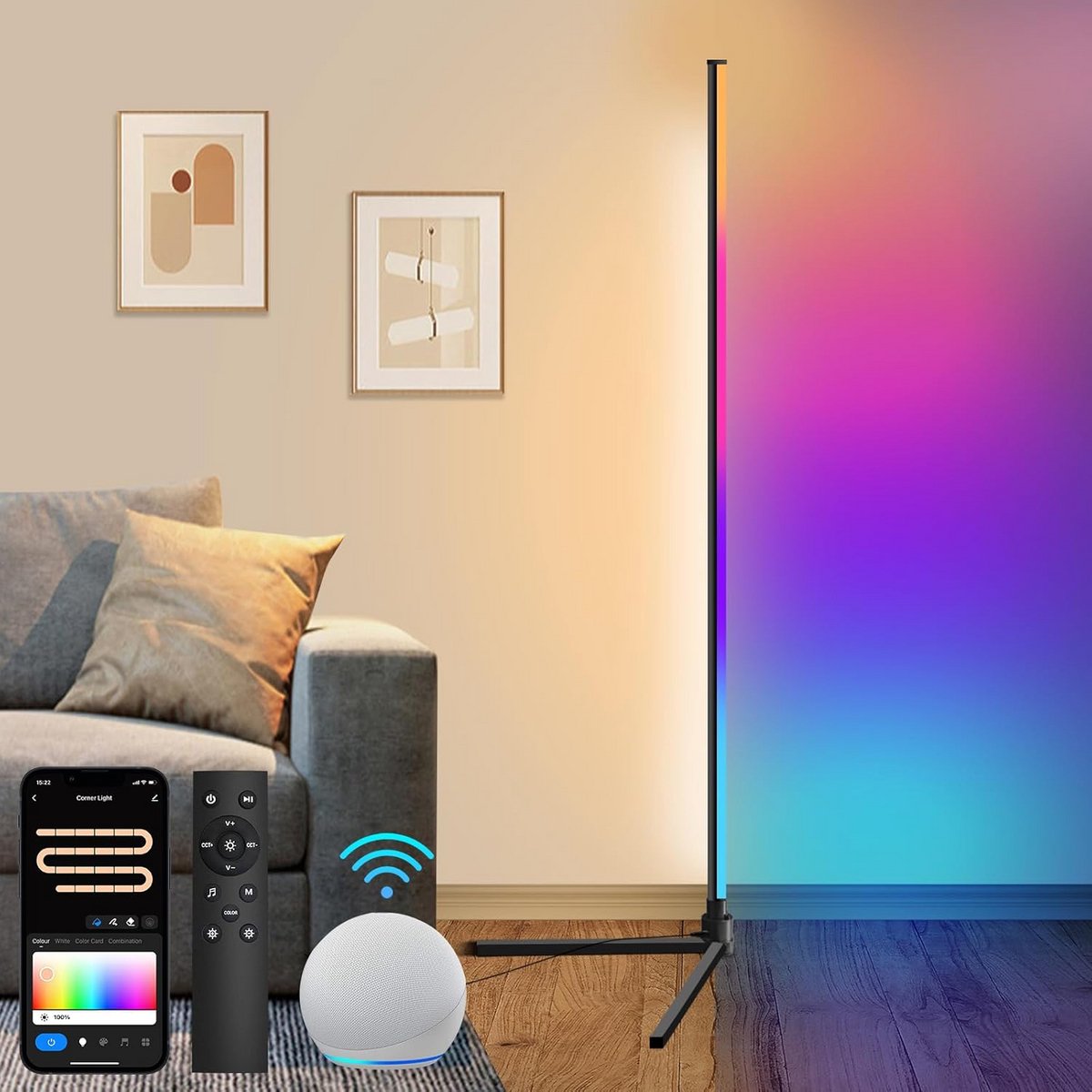 Dimbare Smart LED Hoeklamp met Afstandsbediening - RGBW Vloerlamp voor Woonkamer en Slaapk