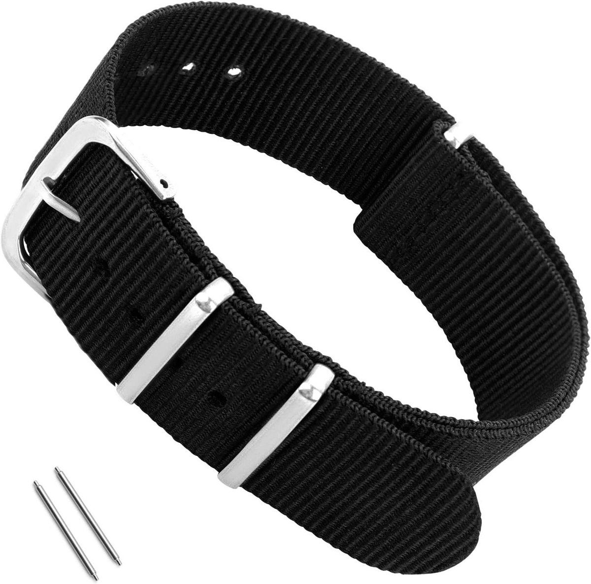 Nylon Horlogeband - Vervanging Bandjes - Militaire Stijl - Zwarte Polsband - Metalen Gesp - Nylon 18mm Breedte - Geschikt voor Mannen Vrouwen Militaire Horloges - Zwart Zilver 10.62x0.70inch - Horlogebanden met 4 Ringen