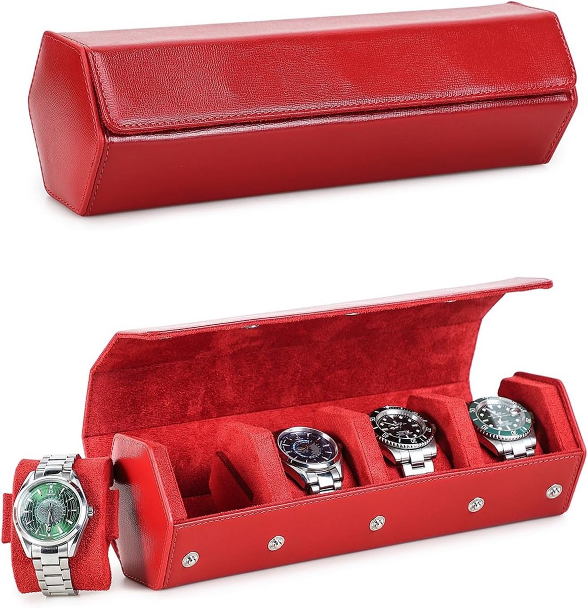 Hexagon Watch Box voor 4 Horloges, Saffiano Leer Horlogekoffer, Beschermende Opbergdoos en Organizer voor Mannen