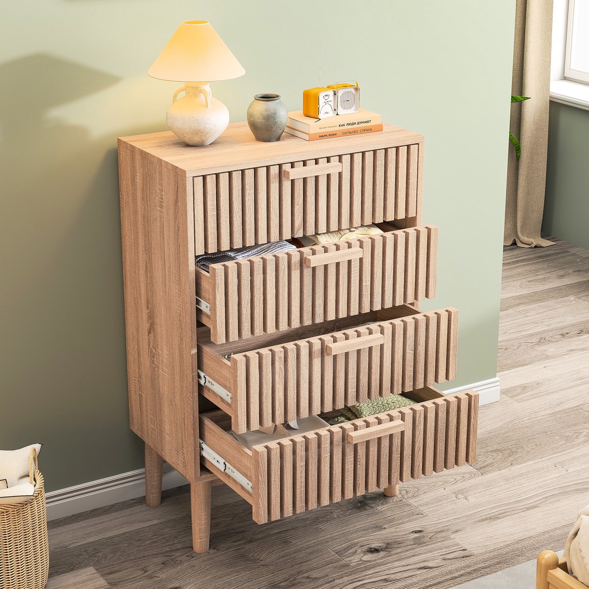 Ladekast met 4 lades – Massief houten kast – 60 x 34 x 91 cm – Opbergkast voor slaapkamer of woonkamer