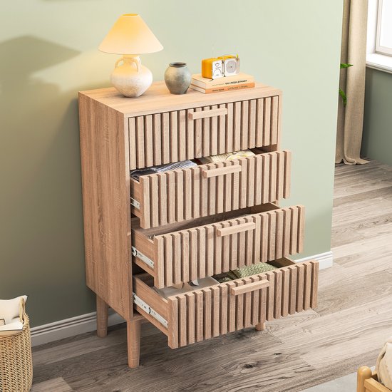 Commode à 4 tiroirs – Meuble en bois massif – 60 x 34 x 91 cm – Meuble de rangement pour chambre à coucher ou salon