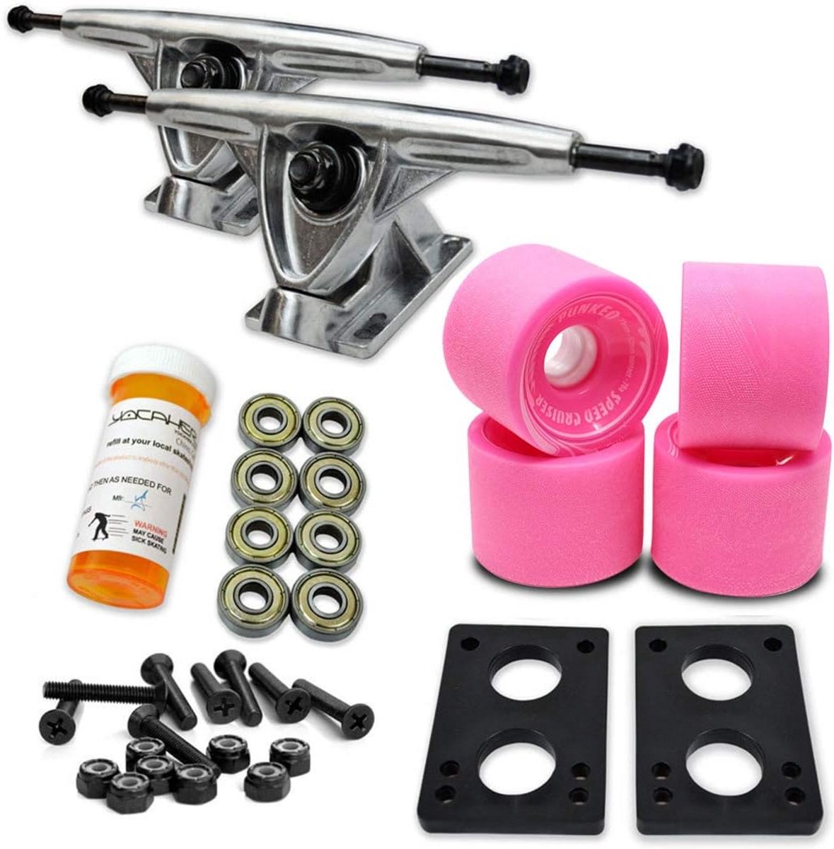 Longboard Truck Set Compleet met 71mm Wielen en Hardware 180mm Gepolijste Aluminium Trucks