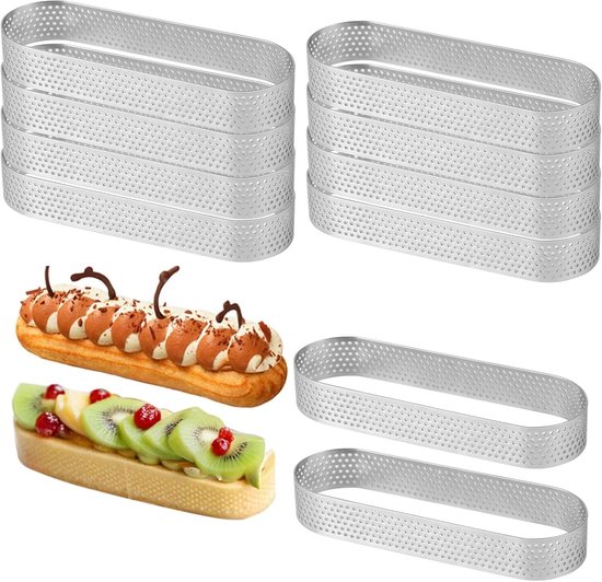 Set van 10 ovale taartringen, roestvrijstalen geperforeerde bakvormen, ovale mousse-taartringen met gaatjes, geschikt voor mini-fruittaartjes, Frans gebak, bladerdeegtaartjes, zelf bakken, oven- en vaatwasmachinebestendig.