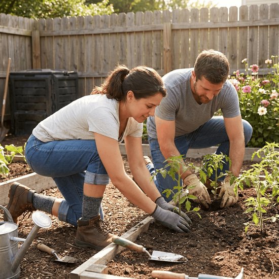 Man en vrouw tuinieren in een moestuin, beiden dragen werkschoenen met grijze werksokken.