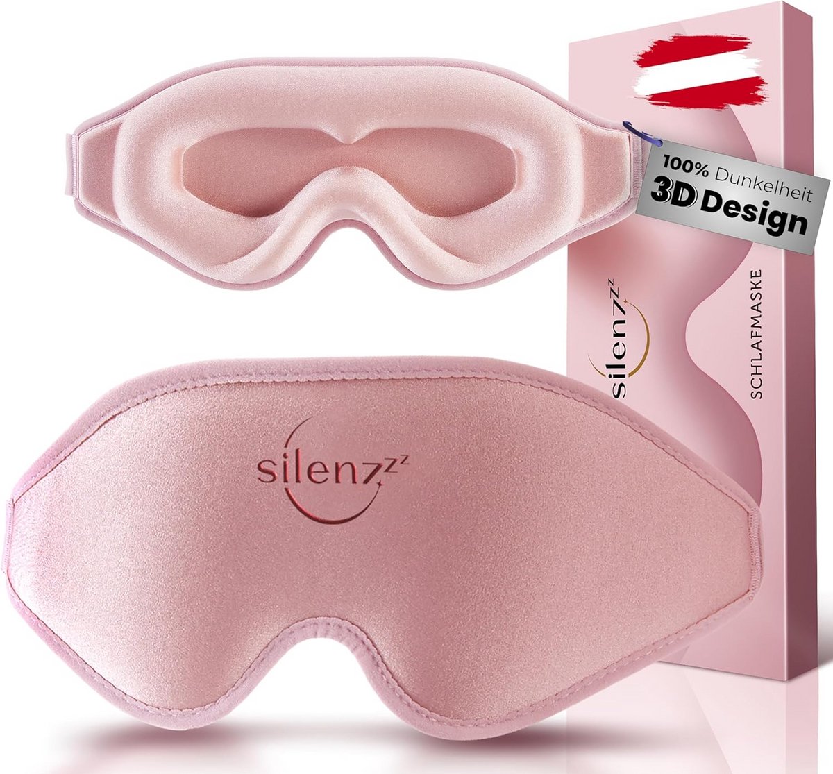 SILENZZZ® Premium slaapmasker, 3D-oogmasker voor vrouwen en heren, slaapbril, comfortabel, gevoerd, voor absolute duisternis, slaapmasker, slaapmasker, roze