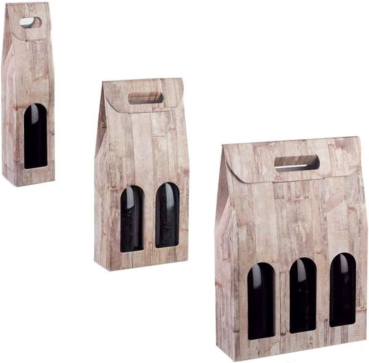 3-delige Set Kartonnen Flessenposters - Cadeaudozen voor 1, 2 of 3 Flessen - Met Houtlook