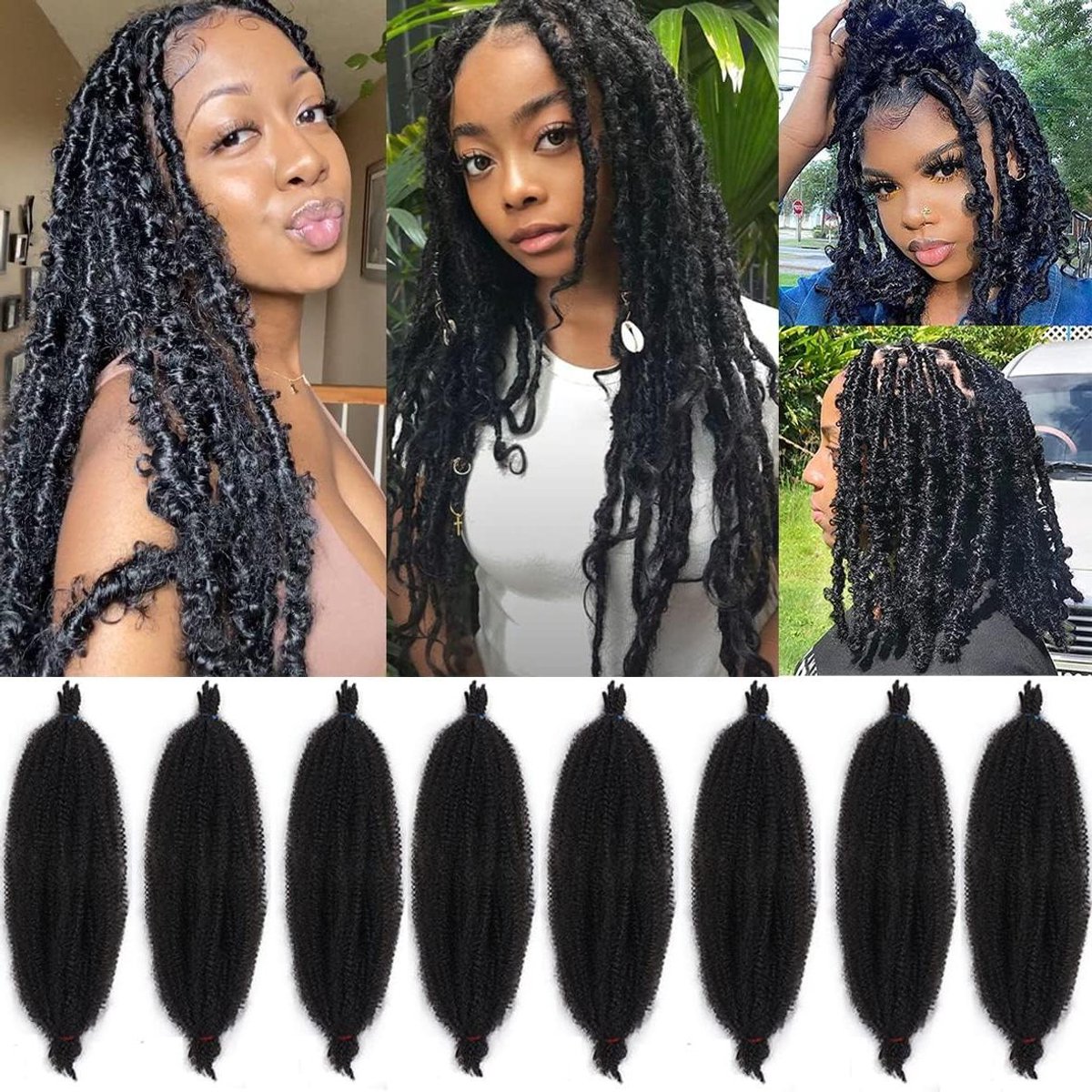 Zwarte Spring Twist Haar - Haarverlenging 24 Inch - Geschikt voor Twist Vlechten - Marley Locs Styling - Afro Kinky - Pre-Gescheiden - Zwart - 8 Strengen per Pack - 8 Packs - Zwart #1B Kleur