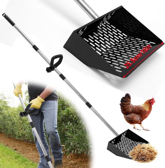 GHWMYD 25,5 cm kippenpoepschep met 137 cm handvat voor kippenhokaccessoires, zeef voor het scheiden van uitwerpselen en vuil van kippenzand, kippenbakvulling, schep