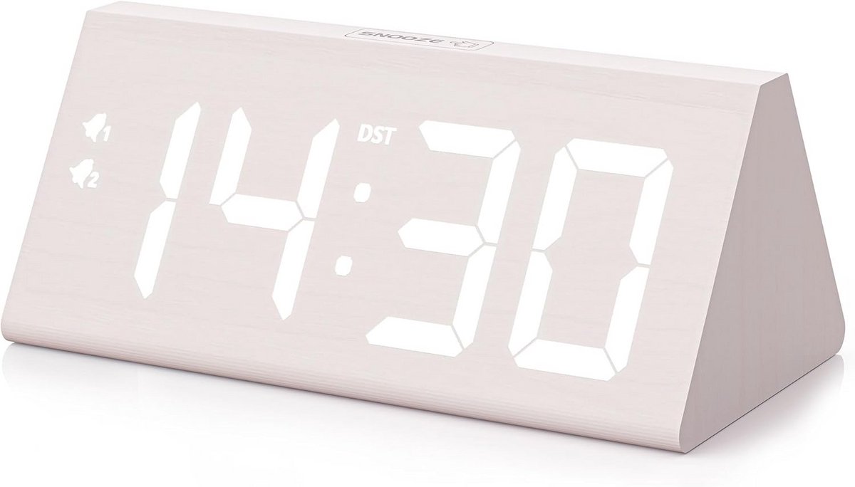 Houten Digitale Wekker met Dimmer, Dubbel Alarm en Temperatuur
