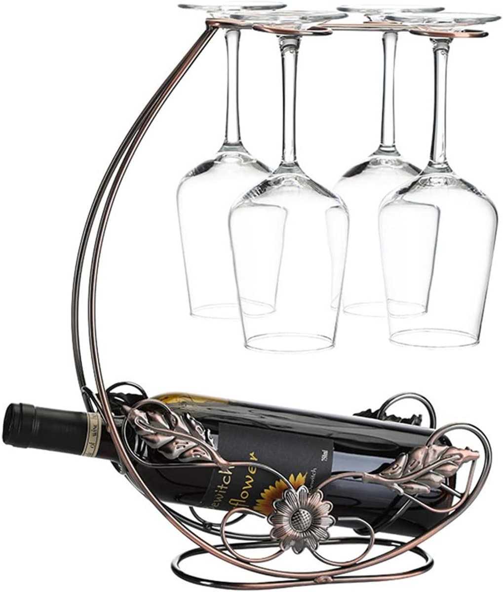 Onderkast Wijnglashouder - Metalen Opbergrek voor 2 Glazen en 1 Fles - Brons