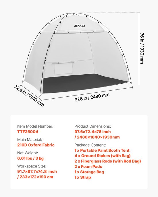 VEVOR Draagbare Spuitcabine-tent (233x172x190 cm Werkoppervlak) Spuitcabine-tent voor Spuitverven, Waterdichte Spuitcabine met Geïntegreerde Vloer en Oproldeur voor Kasten, Stoelen en Tafels van Vevor — afbeelding 3