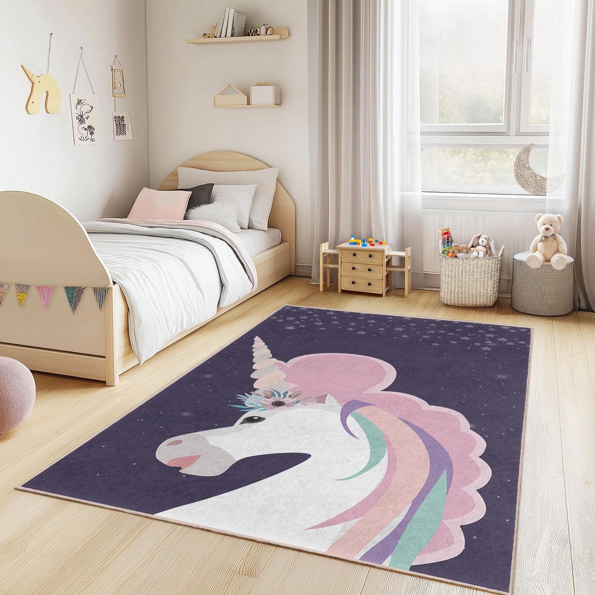 Mila Home Eenhoorn Droom - Kindertapijt Vloerkleed voor Kinderkamer - Wasbaar - Antislip - OEKO-TEX Gecertificeerd - Paars Roze - 100x300 cm - (310 4)