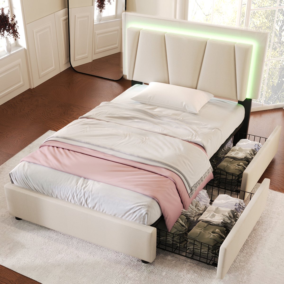 OKWISH Eenpersoonsbed 90x200 cm – Gestoffeerd Met Verstelbaar Hoofdeinde ±10 cm – LED Met Afstandsbediening & 2 Laden – Houtframe – Beige – Zonder matras