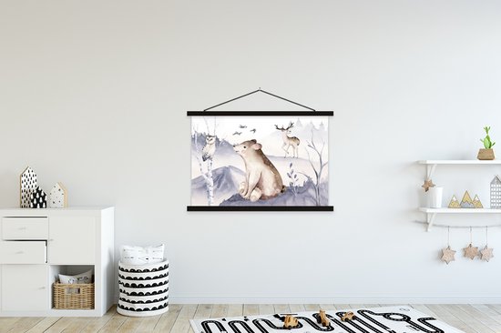 Porte-affiche avec affiche - Affiche scolaire - Hiver - Neige - Animaux - 150x100 cm - Lattes noires