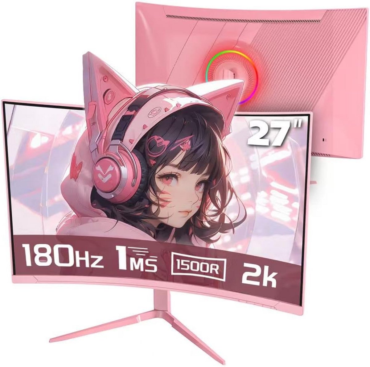 27 Inch Gebogen Gaming Monitor FHD 180Hz Roze - 99% sRGB, HDR, Oogbescherming, VESA